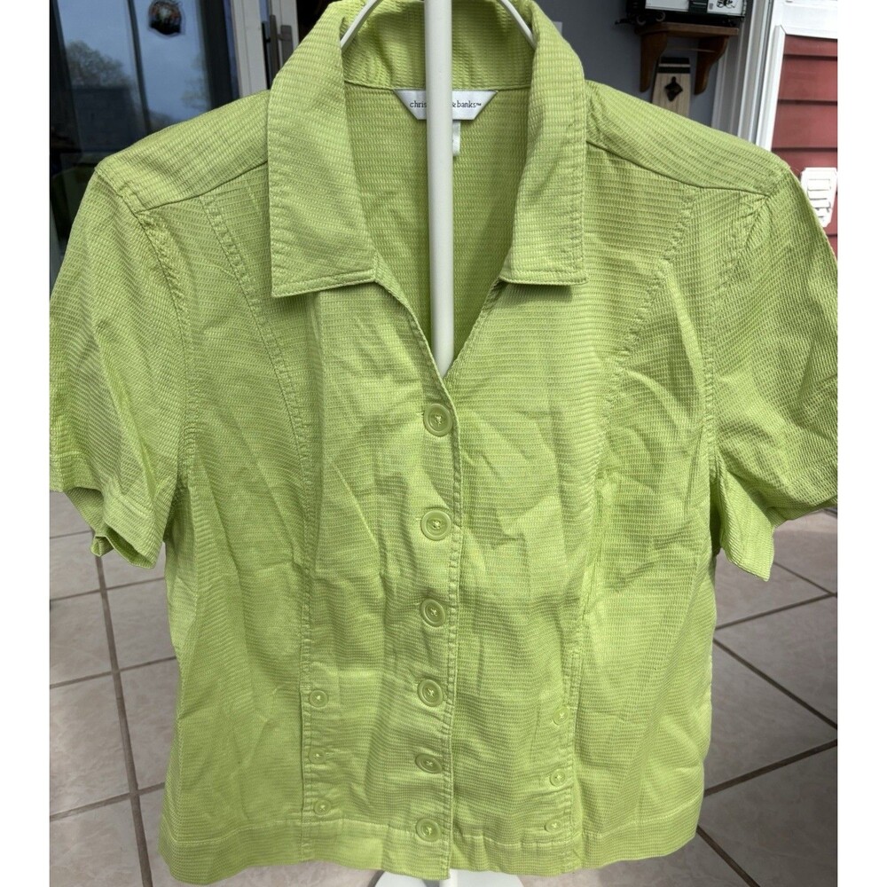 Christopher & Banks Shirt Women XL Green Button Up Top Short Sleeve
